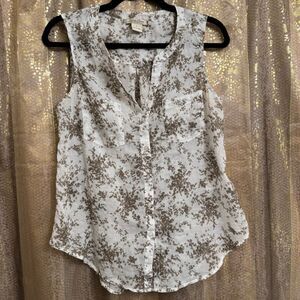 Lucky Brand White Cotton Gauze Button Up Brown Floral Tank Top Small